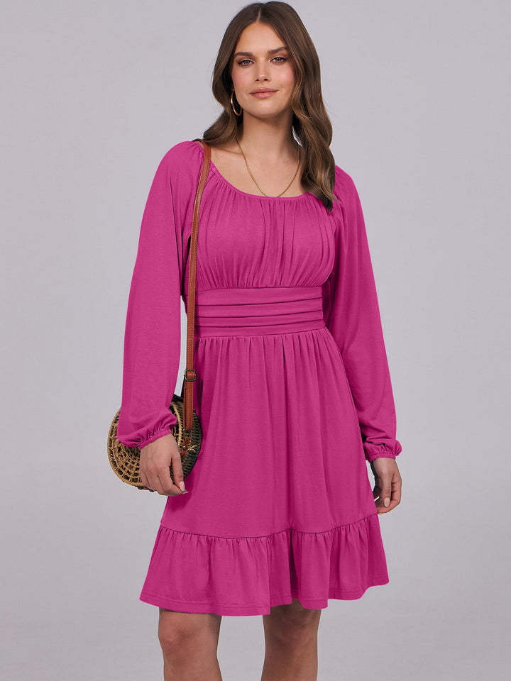 ANRABESS Womens Dress Long Lantern Sleeve Square Neck Elastic Waist Ruffle Flowy Swing A-Line Short Dresses 2026 Fall Fashion