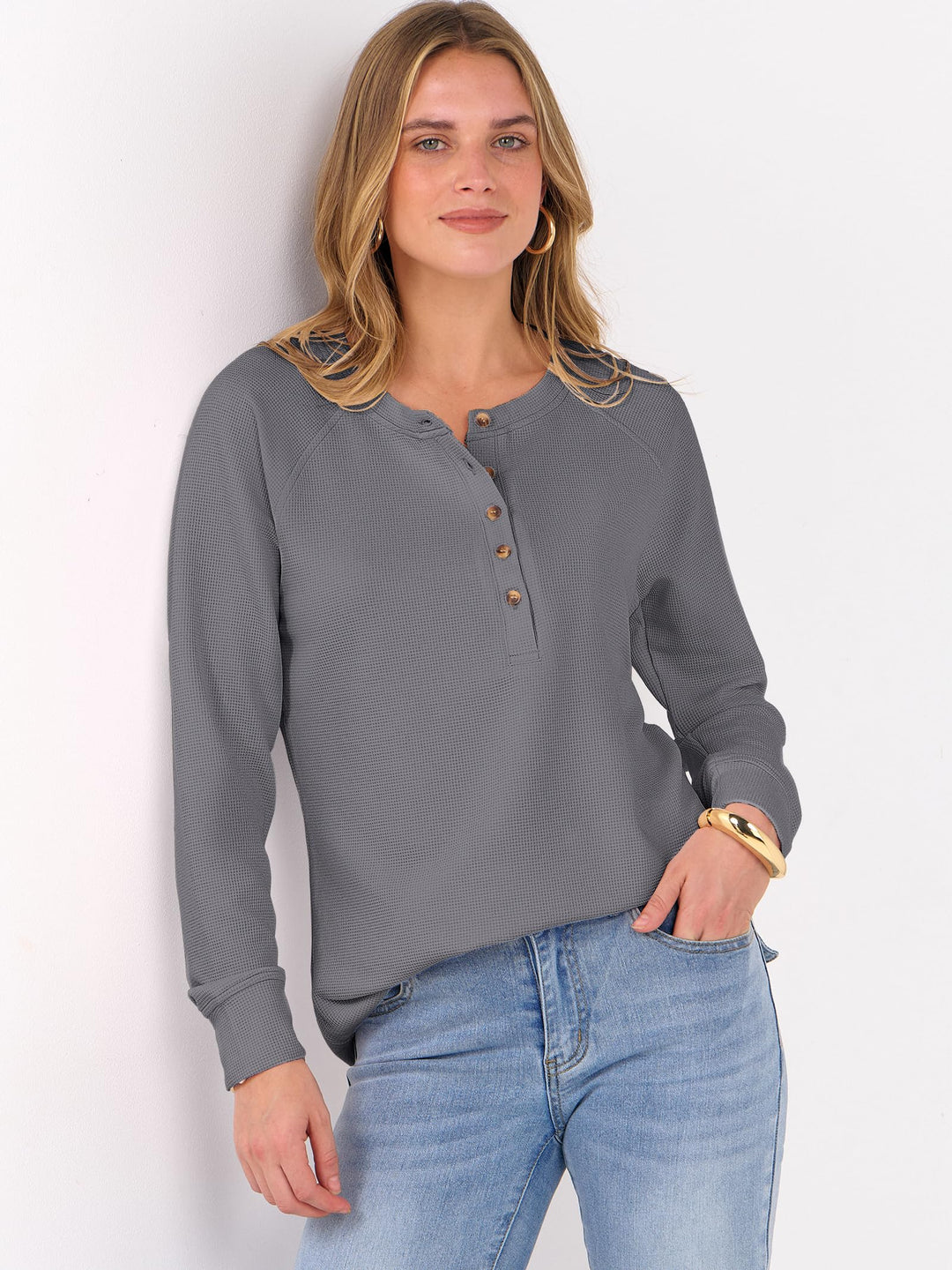 ANRABESS Long Sleeve Waffle Knit Shirts for Women Spring Fall Dressy Casual Button Up V Neck Henley Tops Loose Basic Tees Winter Clothes