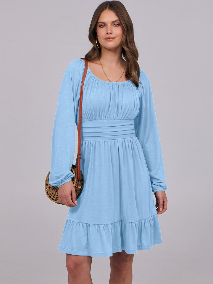 ANRABESS Womens Dress Long Lantern Sleeve Square Neck Elastic Waist Ruffle Flowy Swing A-Line Short Dresses 2026 Fall Fashion