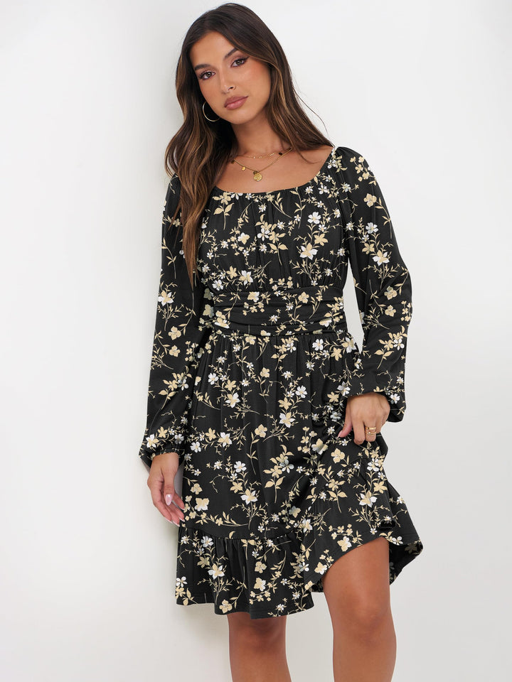 ANRABESS Womens Dress Long Lantern Sleeve Square Neck Elastic Waist Ruffle Flowy Swing A-Line Short Dresses 2026 Fall Fashion