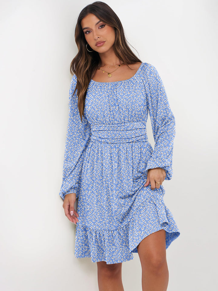 ANRABESS Womens Dress Long Lantern Sleeve Square Neck Elastic Waist Ruffle Flowy Swing A-Line Short Dresses 2026 Fall Fashion