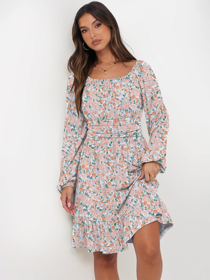 ANRABESS Womens Dress Long Lantern Sleeve Square Neck Elastic Waist Ruffle Flowy Swing A-Line Short Dresses 2026 Fall Fashion