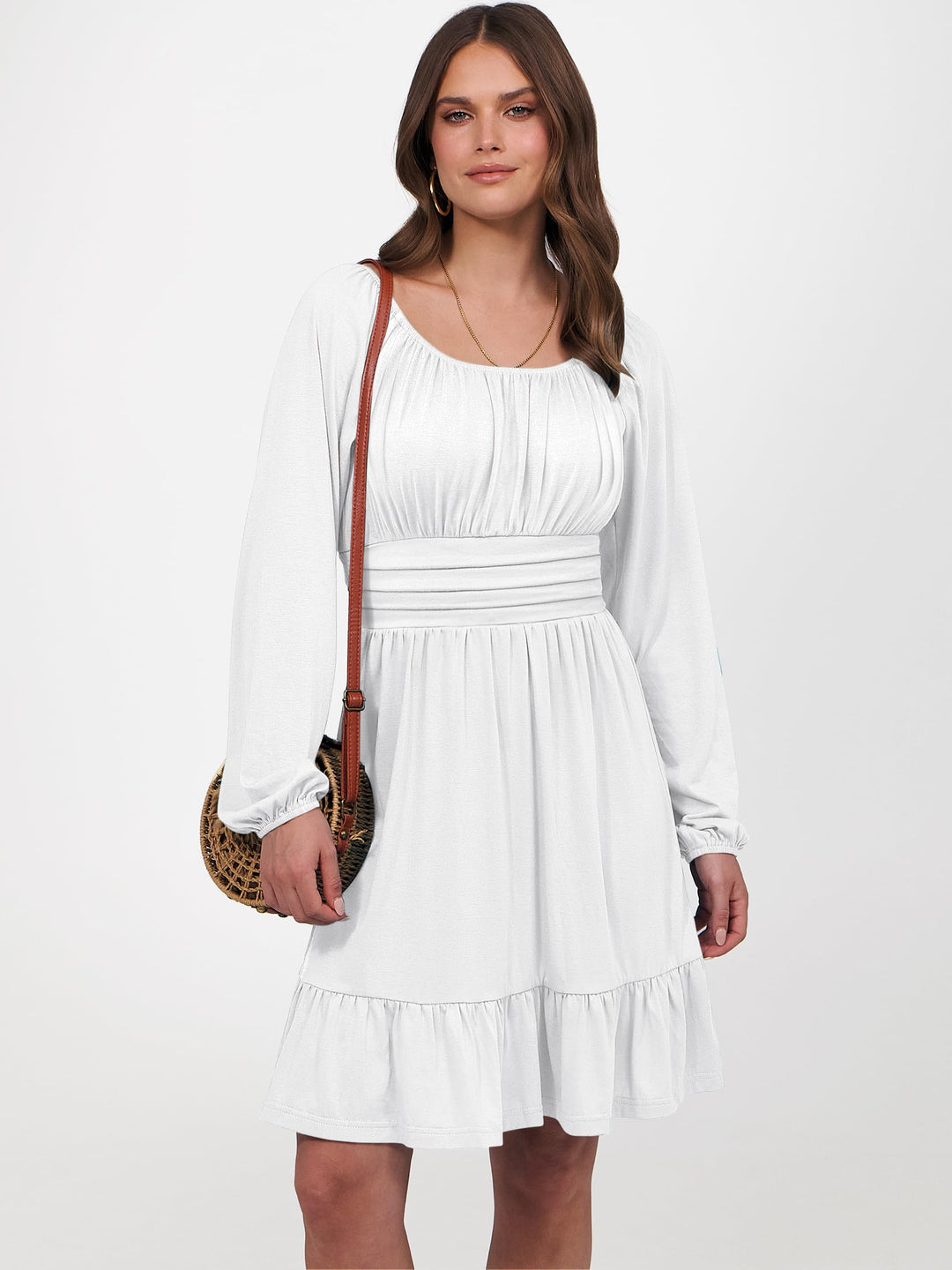 ANRABESS Womens Dress Long Lantern Sleeve Square Neck Elastic Waist Ruffle Flowy Swing A-Line Short Dresses 2026 Fall Fashion