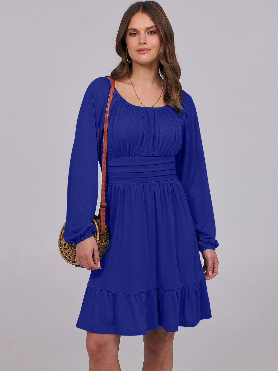 ANRABESS Womens Dress Long Lantern Sleeve Square Neck Elastic Waist Ruffle Flowy Swing A-Line Short Dresses 2026 Fall Fashion