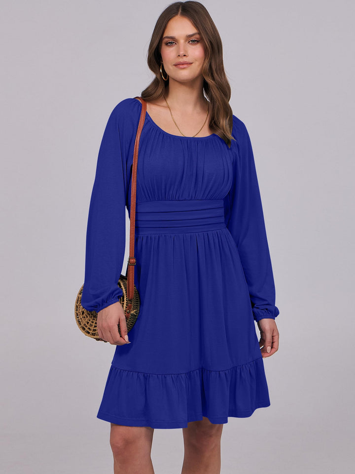 ANRABESS Womens Dress Long Lantern Sleeve Square Neck Elastic Waist Ruffle Flowy Swing A-Line Short Dresses 2026 Fall Fashion