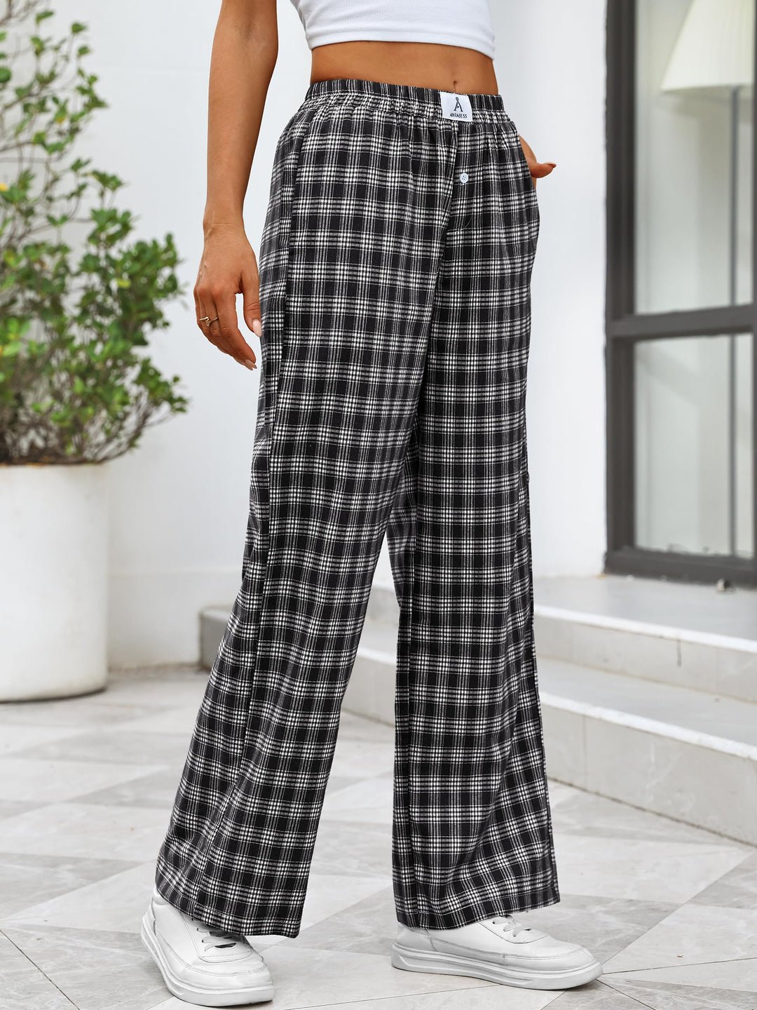 ANRABESS Womens Gingham Striped Boxer Pants | Wide Leg Elastic Waist with Pockets, Lounge Pajama Bottoms Home Daily Wear, Lightweight Breathable, Casual Summer Fall