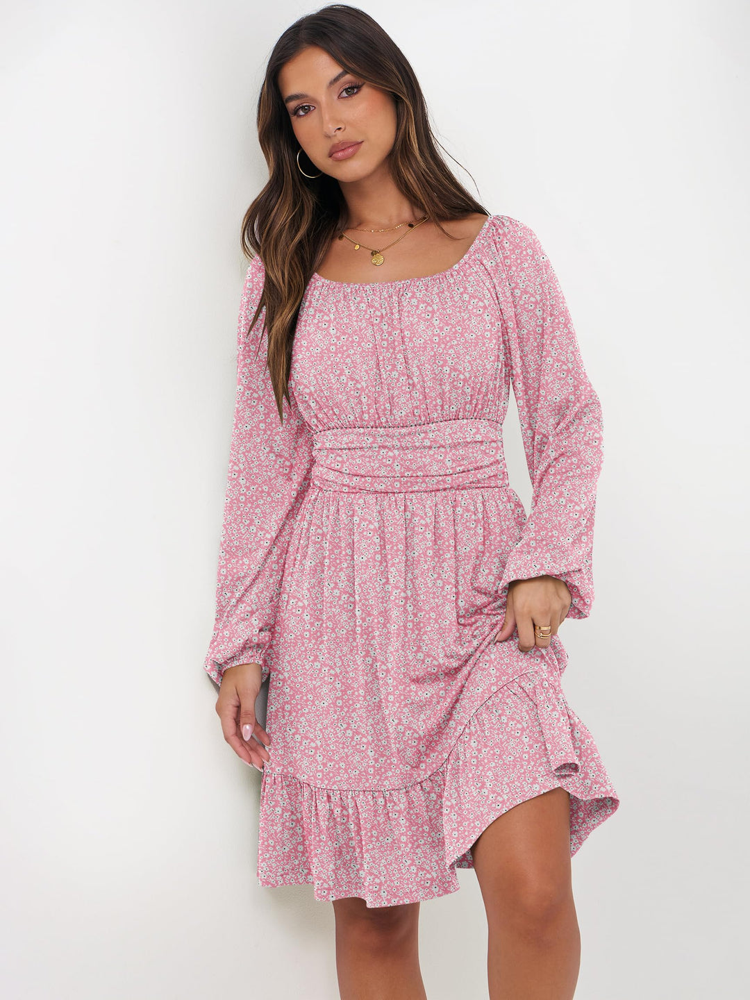 ANRABESS Womens Dress Long Lantern Sleeve Square Neck Elastic Waist Ruffle Flowy Swing A-Line Short Dresses 2026 Fall Fashion