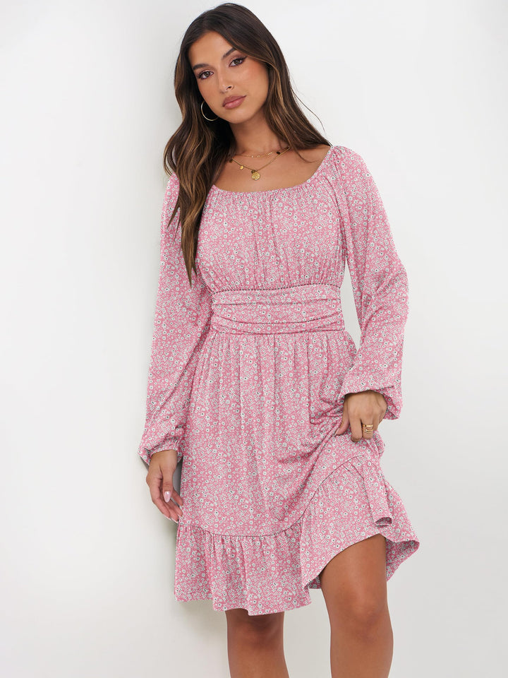 ANRABESS Womens Dress Long Lantern Sleeve Square Neck Elastic Waist Ruffle Flowy Swing A-Line Short Dresses 2026 Fall Fashion