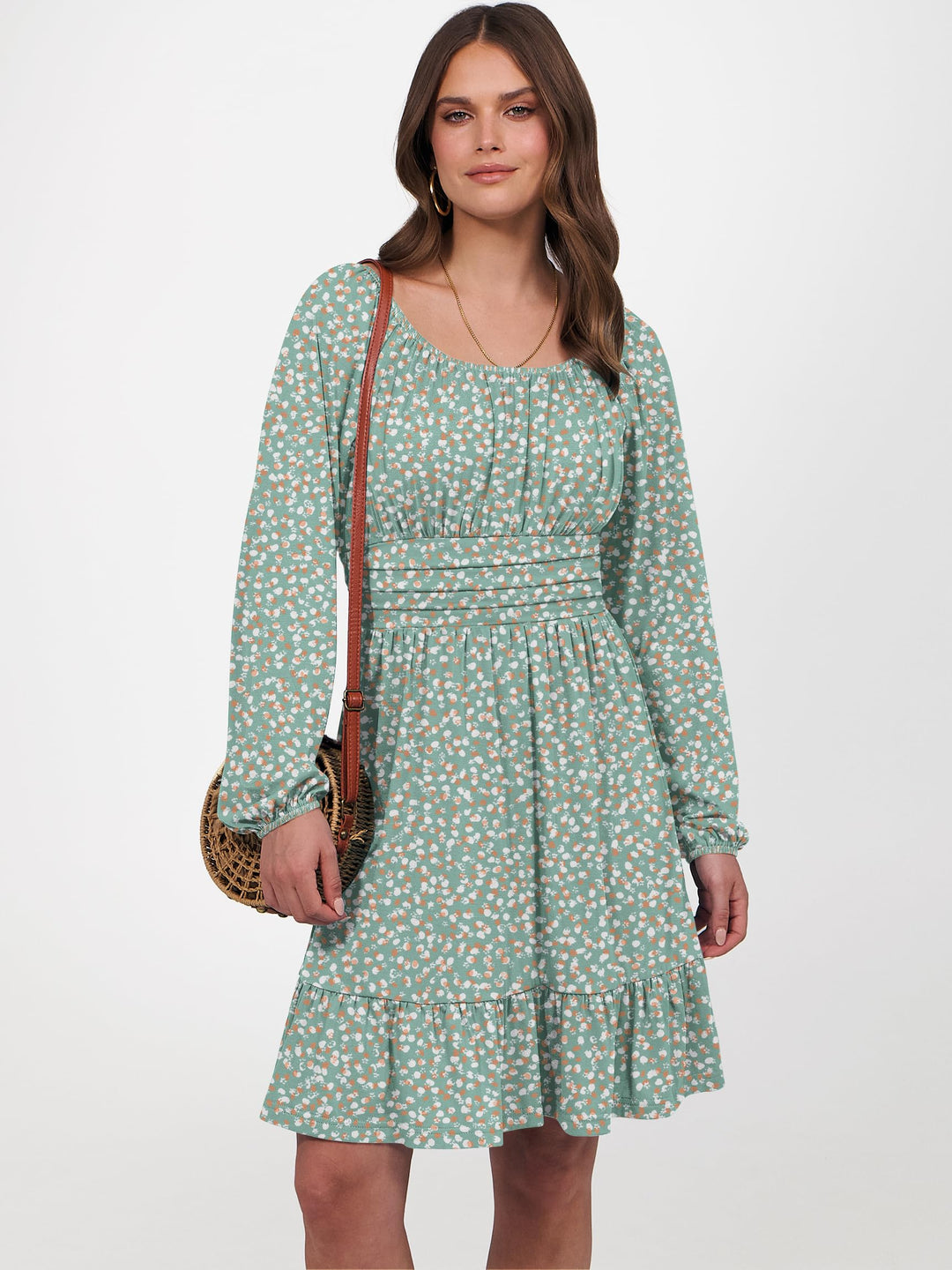 ANRABESS Womens Dress Long Lantern Sleeve Square Neck Elastic Waist Ruffle Flowy Swing A-Line Short Dresses 2026 Fall Fashion