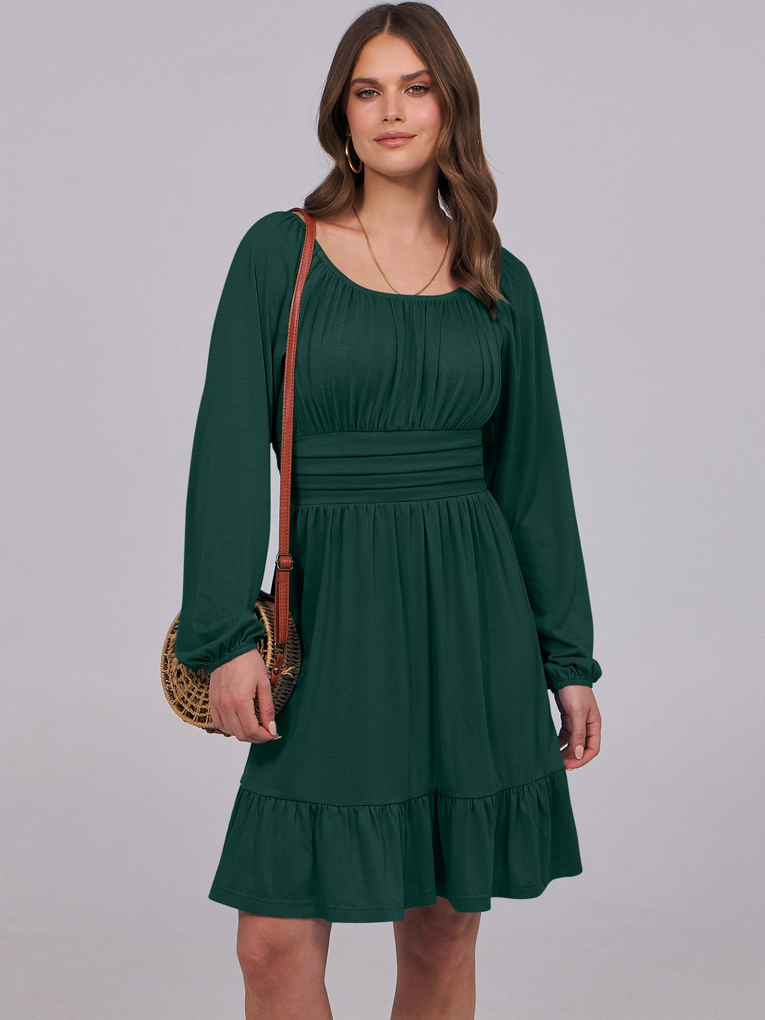 ANRABESS Womens Dress Long Lantern Sleeve Square Neck Elastic Waist Ruffle Flowy Swing A-Line Short Dresses 2026 Fall Fashion
