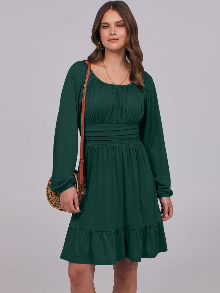 ANRABESS Womens Dress Long Lantern Sleeve Square Neck Elastic Waist Ruffle Flowy Swing A-Line Short Dresses 2026 Fall Fashion