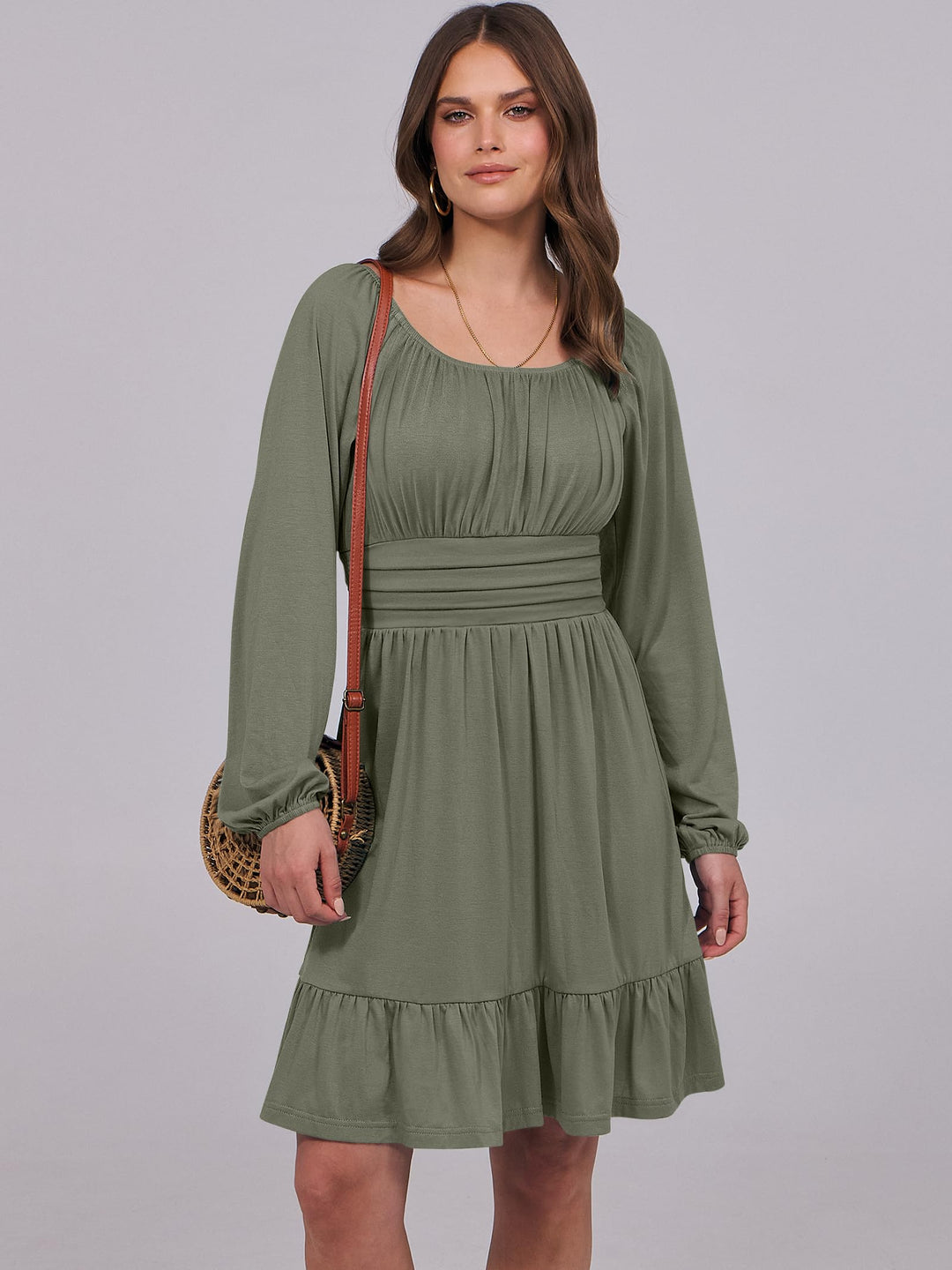 ANRABESS Womens Dress Long Lantern Sleeve Square Neck Elastic Waist Ruffle Flowy Swing A-Line Short Dresses 2026 Fall Fashion