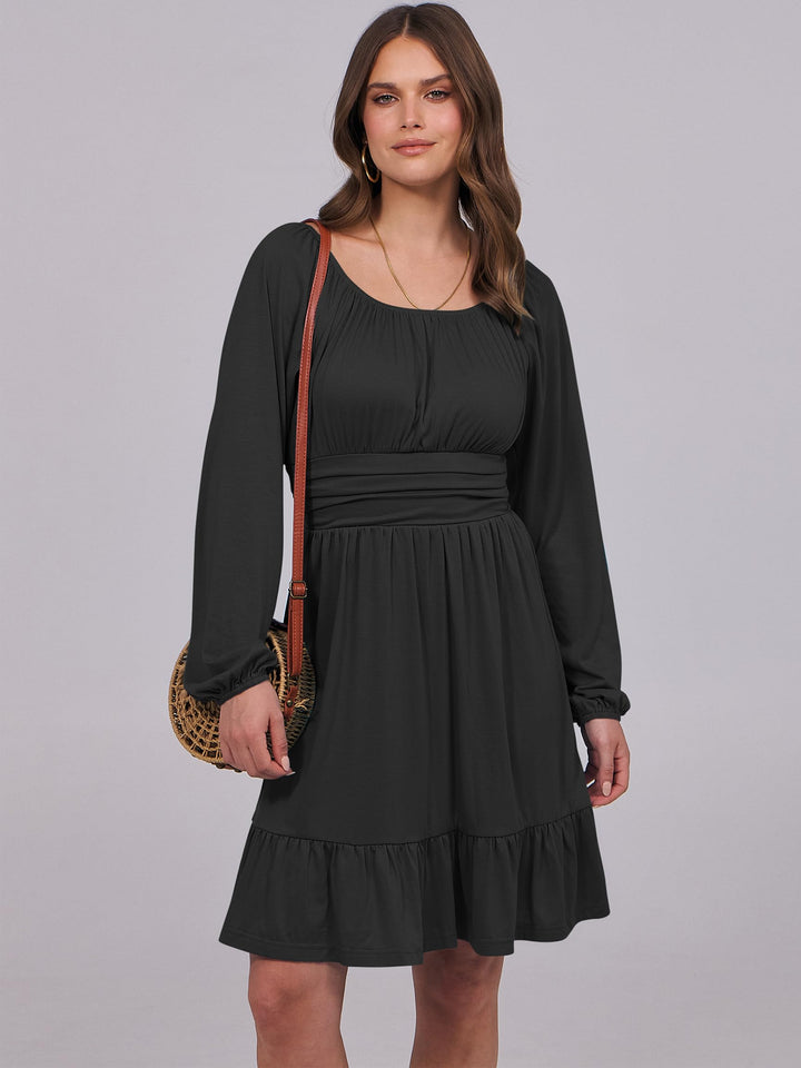 ANRABESS Womens Dress Long Lantern Sleeve Square Neck Elastic Waist Ruffle Flowy Swing A-Line Short Dresses 2026 Fall Fashion