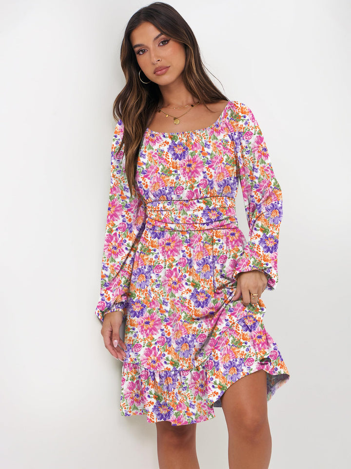 ANRABESS Womens Dress Long Lantern Sleeve Square Neck Elastic Waist Ruffle Flowy Swing A-Line Short Dresses 2026 Fall Fashion