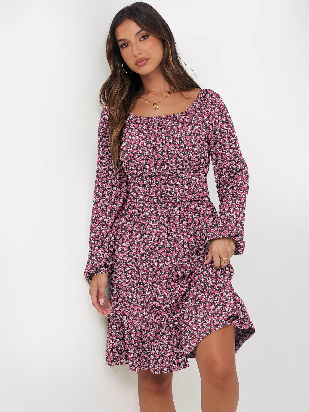 ANRABESS Womens Dress Long Lantern Sleeve Square Neck Elastic Waist Ruffle Flowy Swing A-Line Short Dresses 2026 Fall Fashion
