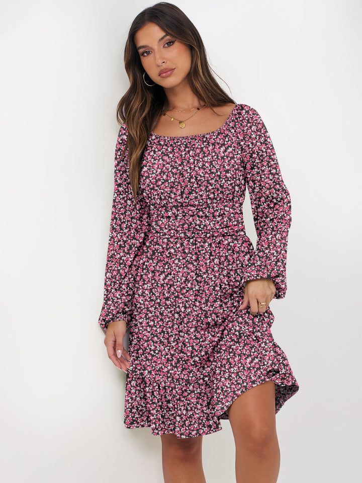 ANRABESS Womens Dress Long Lantern Sleeve Square Neck Elastic Waist Ruffle Flowy Swing A-Line Short Dresses 2026 Fall Fashion