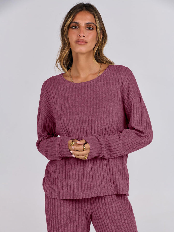 ANRABESS Women 2 Piece Lounge Pajamas Sets Casual Ribbed Knit Long Sleeve Top Pants Matching Set 2026 Fall Outfits Clothes