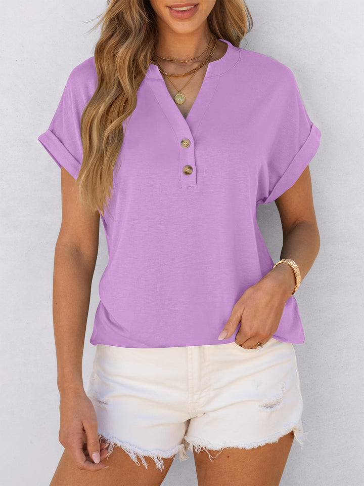 ANRABESS Women's Short Sleeve V-Neck Henley Top