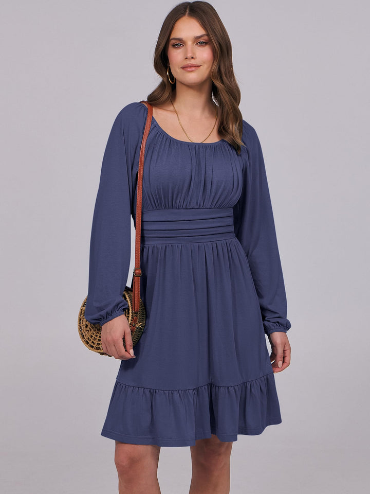ANRABESS Womens Dress Long Lantern Sleeve Square Neck Elastic Waist Ruffle Flowy Swing A-Line Short Dresses 2026 Fall Fashion