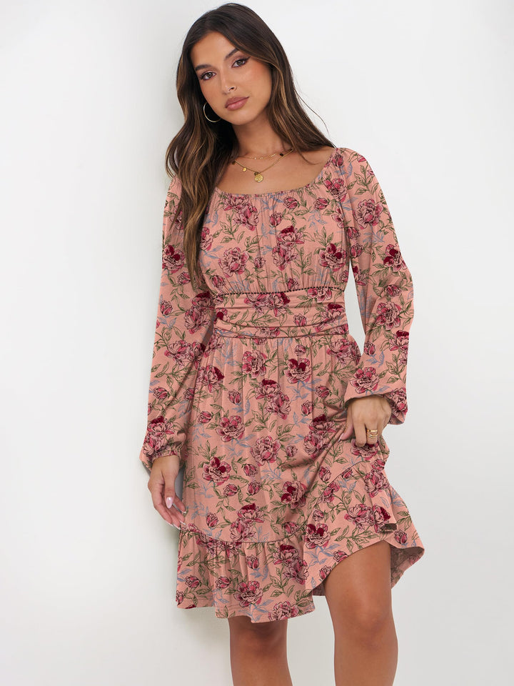 ANRABESS Womens Dress Long Lantern Sleeve Square Neck Elastic Waist Ruffle Flowy Swing A-Line Short Dresses 2026 Fall Fashion