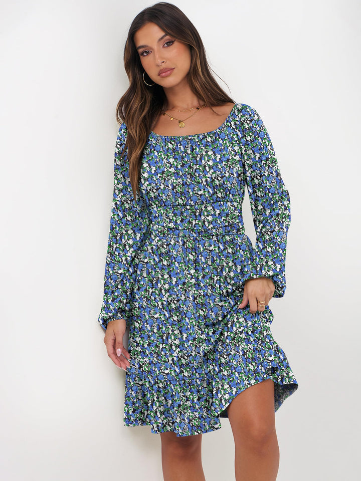 ANRABESS Womens Dress Long Lantern Sleeve Square Neck Elastic Waist Ruffle Flowy Swing A-Line Short Dresses 2026 Fall Fashion