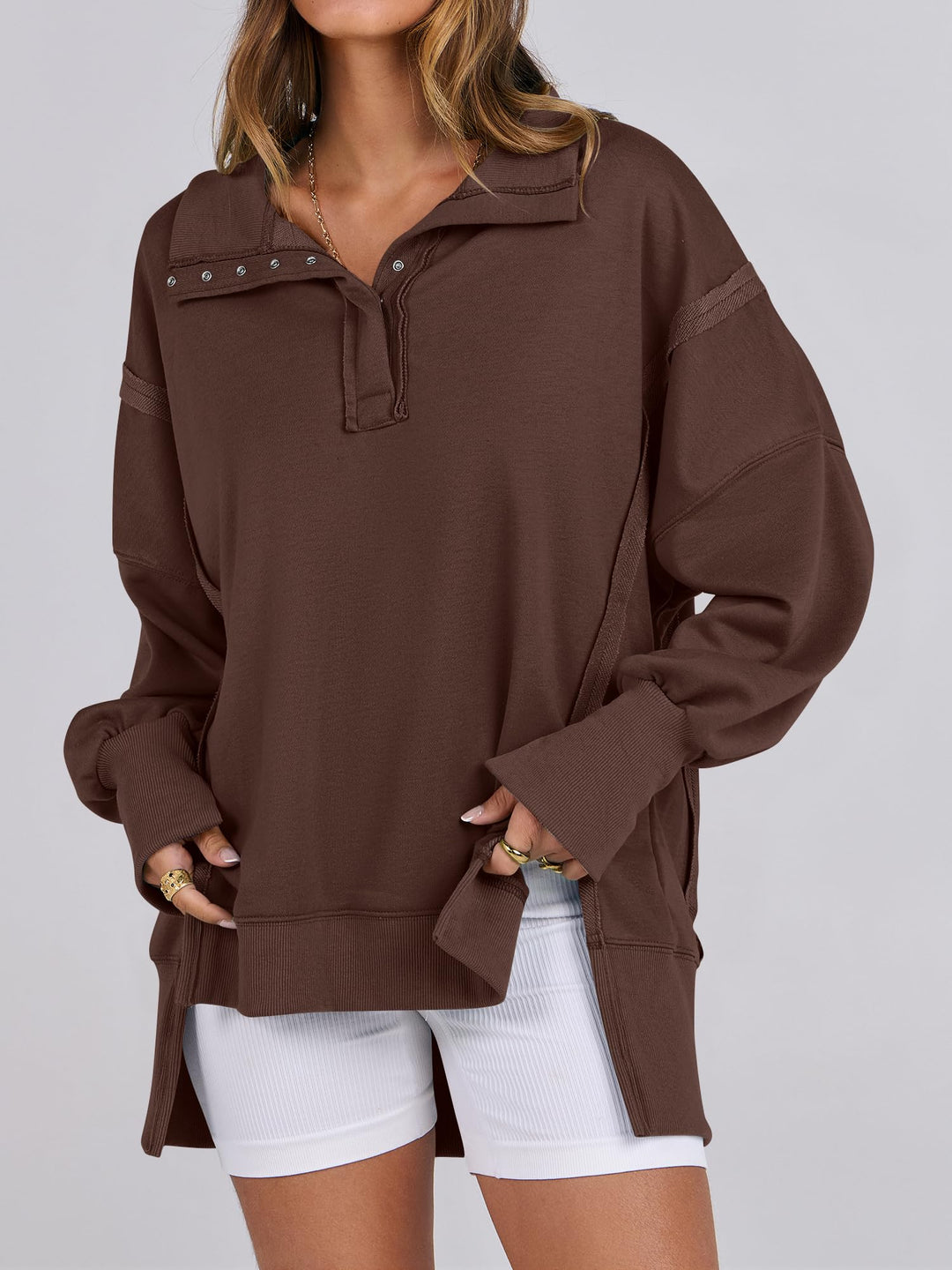 ANRABESS Women's Sweatshirts Oversized Casual Loose Button Up Henley Pullover Top High Low Split 2026 Fall Fashion Outfits