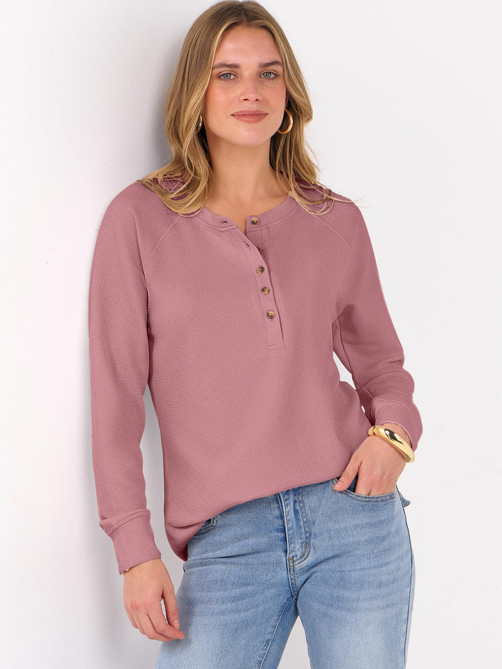 ANRABESS Long Sleeve Waffle Knit Shirts for Women Spring Fall Dressy Casual Button Up V Neck Henley Tops Loose Basic Tees Winter Clothes