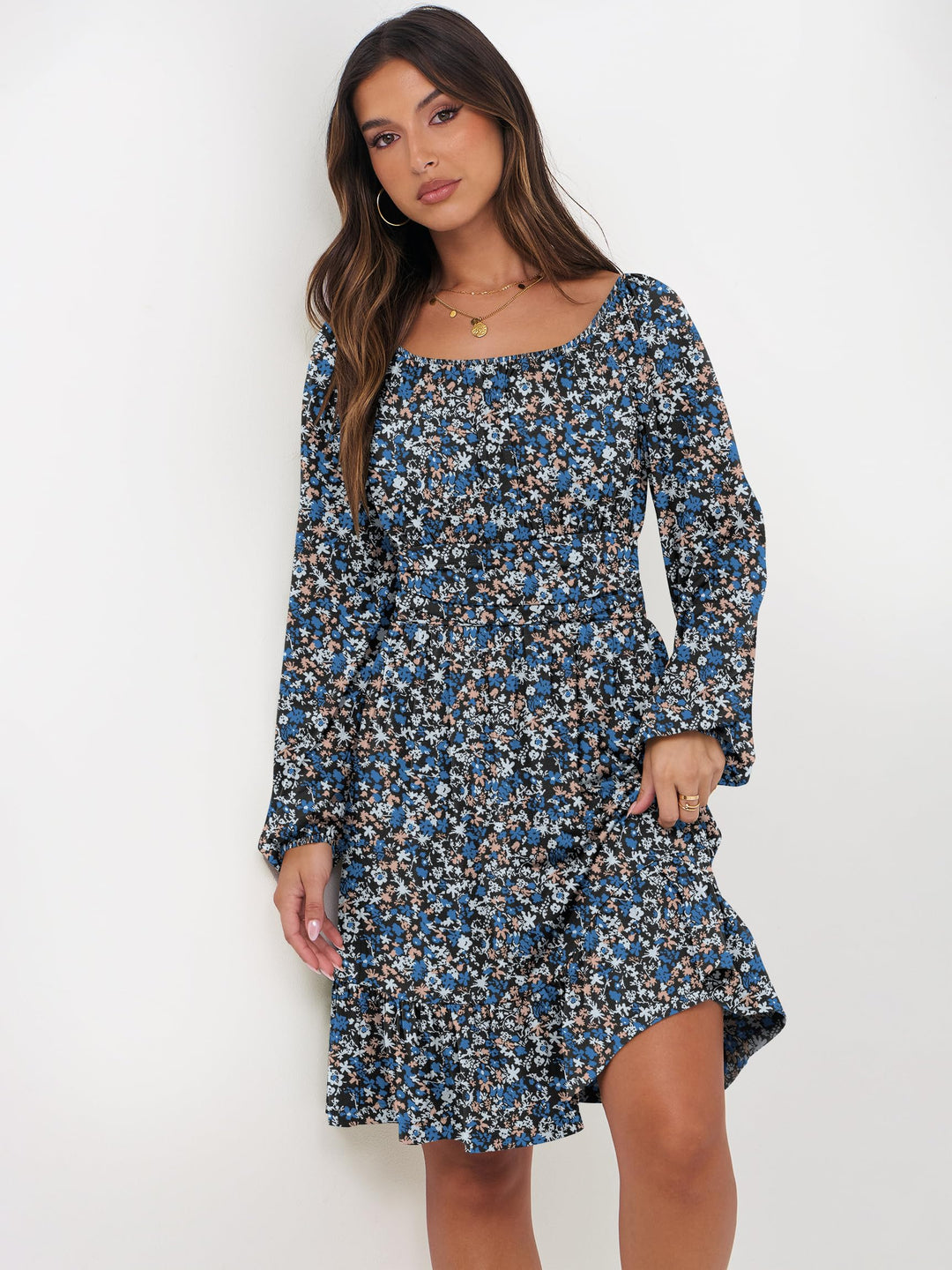ANRABESS Womens Dress Long Lantern Sleeve Square Neck Elastic Waist Ruffle Flowy Swing A-Line Short Dresses 2026 Fall Fashion