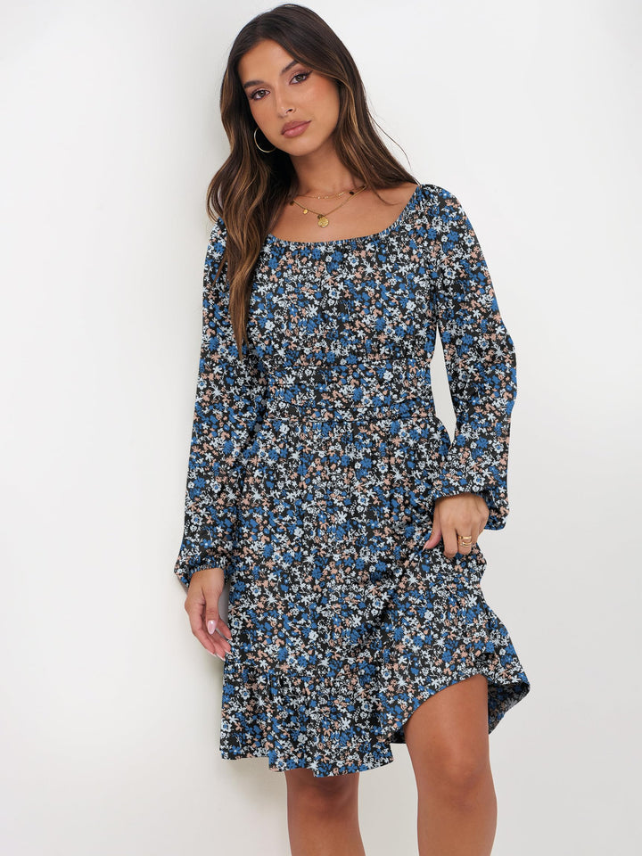 ANRABESS Womens Dress Long Lantern Sleeve Square Neck Elastic Waist Ruffle Flowy Swing A-Line Short Dresses 2026 Fall Fashion
