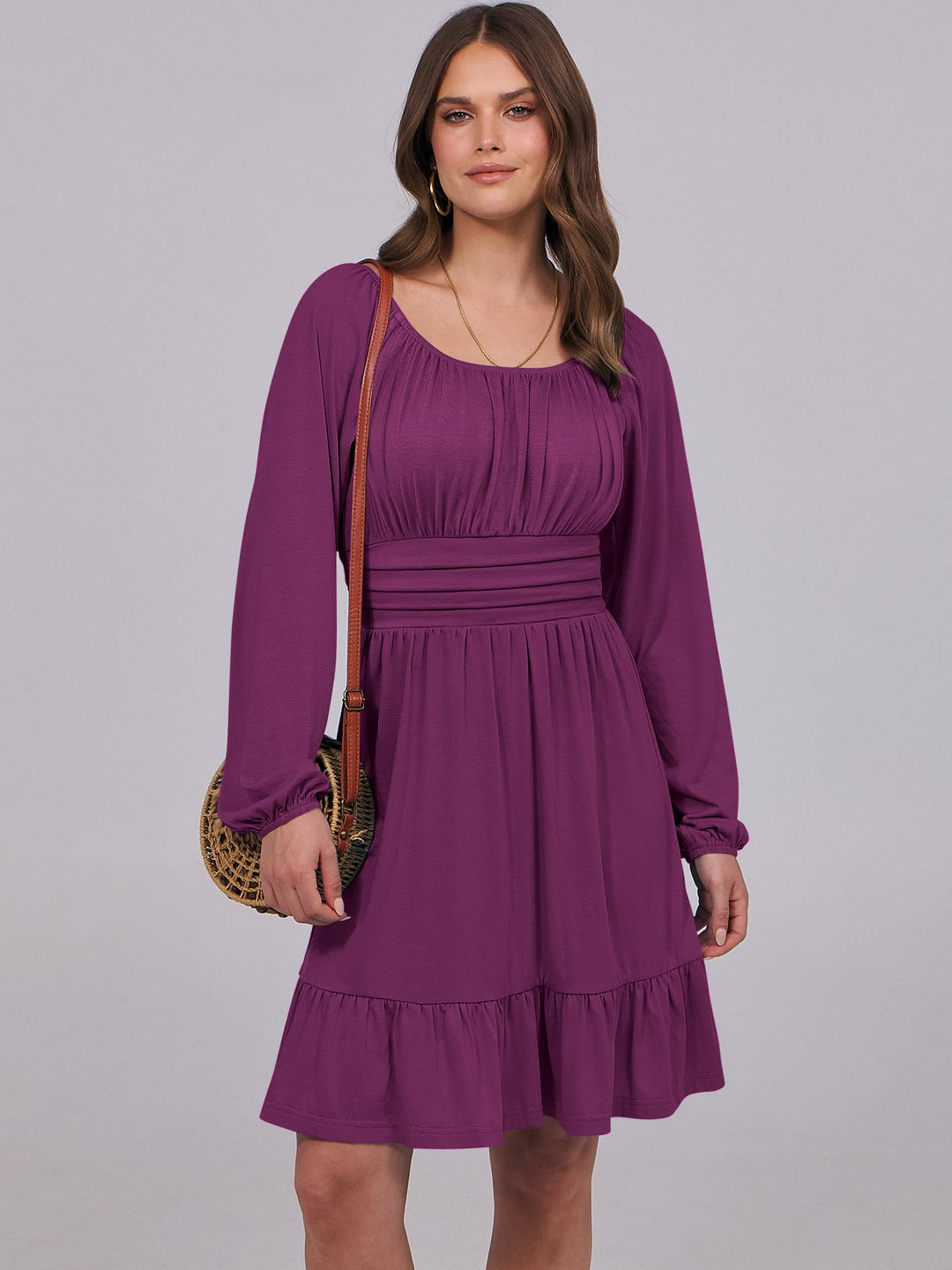 ANRABESS Womens Dress Long Lantern Sleeve Square Neck Elastic Waist Ruffle Flowy Swing A-Line Short Dresses 2026 Fall Fashion