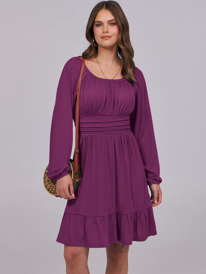 ANRABESS Womens Dress Long Lantern Sleeve Square Neck Elastic Waist Ruffle Flowy Swing A-Line Short Dresses 2026 Fall Fashion