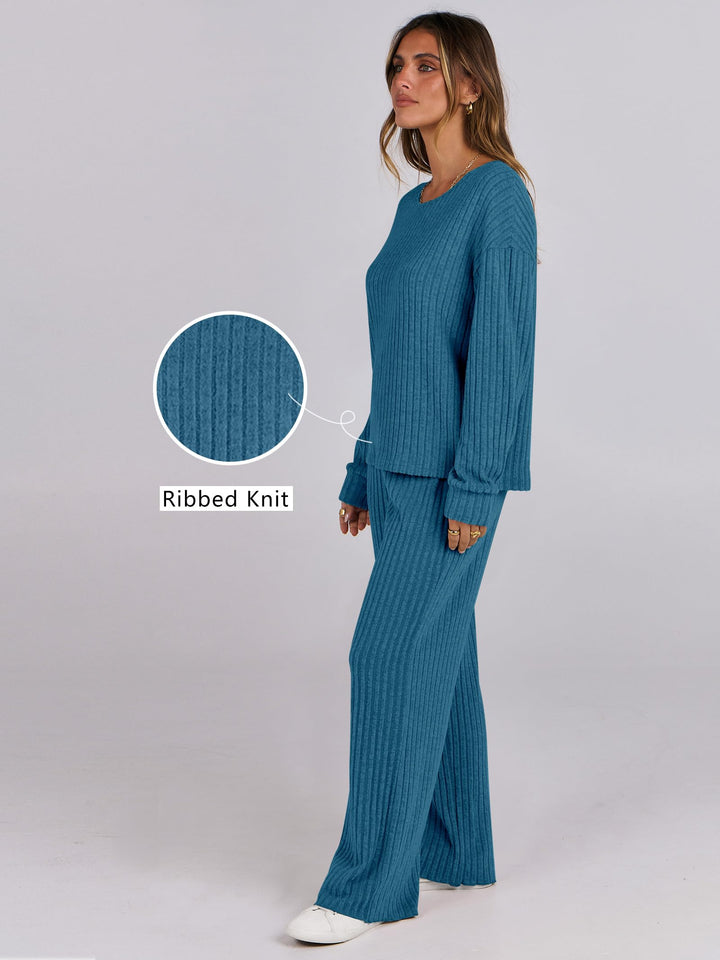 ANRABESS Women 2 Piece Lounge Pajamas Sets Casual Ribbed Knit Long Sleeve Top Pants Matching Set 2026 Fall Outfits Clothes