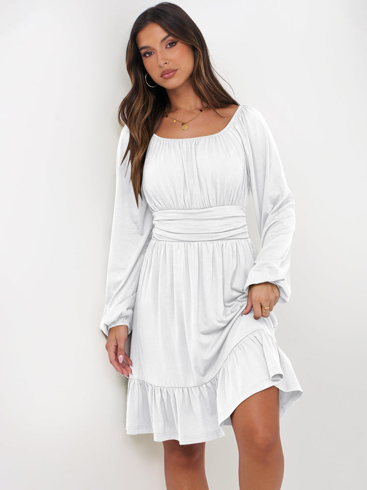 ANRABESS Womens Dress Long Lantern Sleeve Square Neck Elastic Waist Ruffle Flowy Swing A-Line Short Dresses 2026 Fall Fashion
