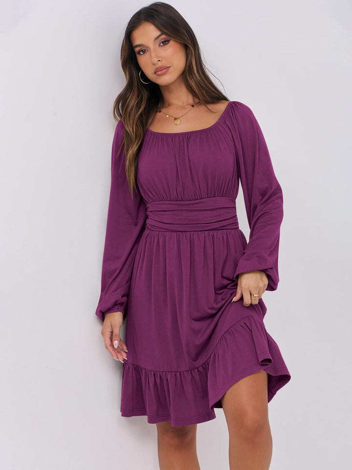 ANRABESS Womens Dress Long Lantern Sleeve Square Neck Elastic Waist Ruffle Flowy Swing A-Line Short Dresses 2026 Fall Fashion