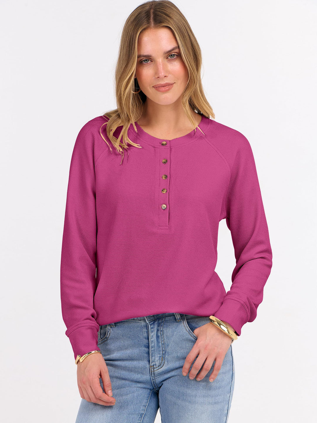 ANRABESS Long Sleeve Waffle Knit Shirts for Women Spring Fall Dressy Casual Button Up V Neck Henley Tops Loose Basic Tees Winter Clothes