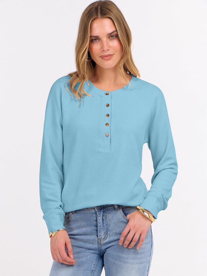ANRABESS Long Sleeve Waffle Knit Shirts for Women Spring Fall Dressy Casual Button Up V Neck Henley Tops Loose Basic Tees Winter Clothes