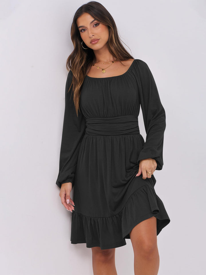 ANRABESS Womens Dress Long Lantern Sleeve Square Neck Elastic Waist Ruffle Flowy Swing A-Line Short Dresses 2026 Fall Fashion