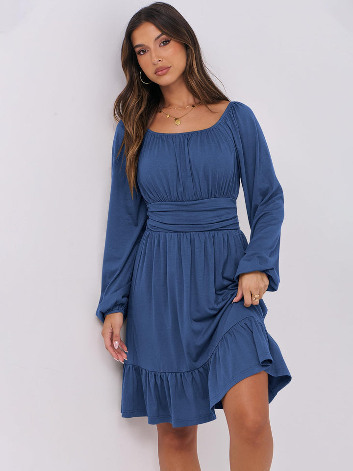 ANRABESS Womens Dress Long Lantern Sleeve Square Neck Elastic Waist Ruffle Flowy Swing A-Line Short Dresses 2026 Fall Fashion