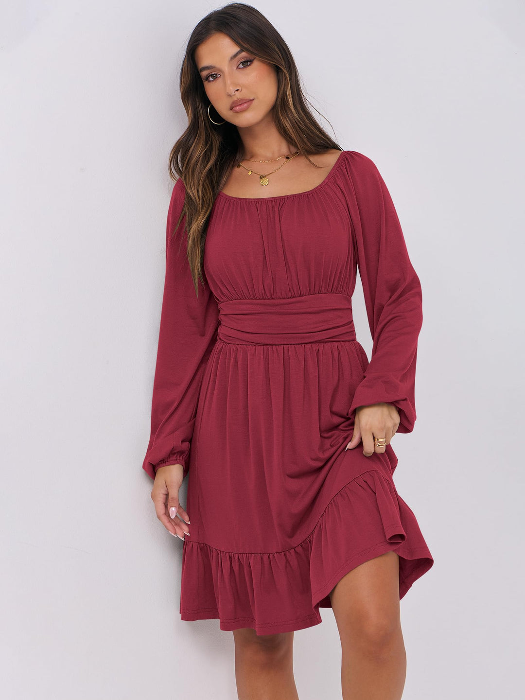 ANRABESS Womens Dress Long Lantern Sleeve Square Neck Elastic Waist Ruffle Flowy Swing A-Line Short Dresses 2026 Fall Fashion