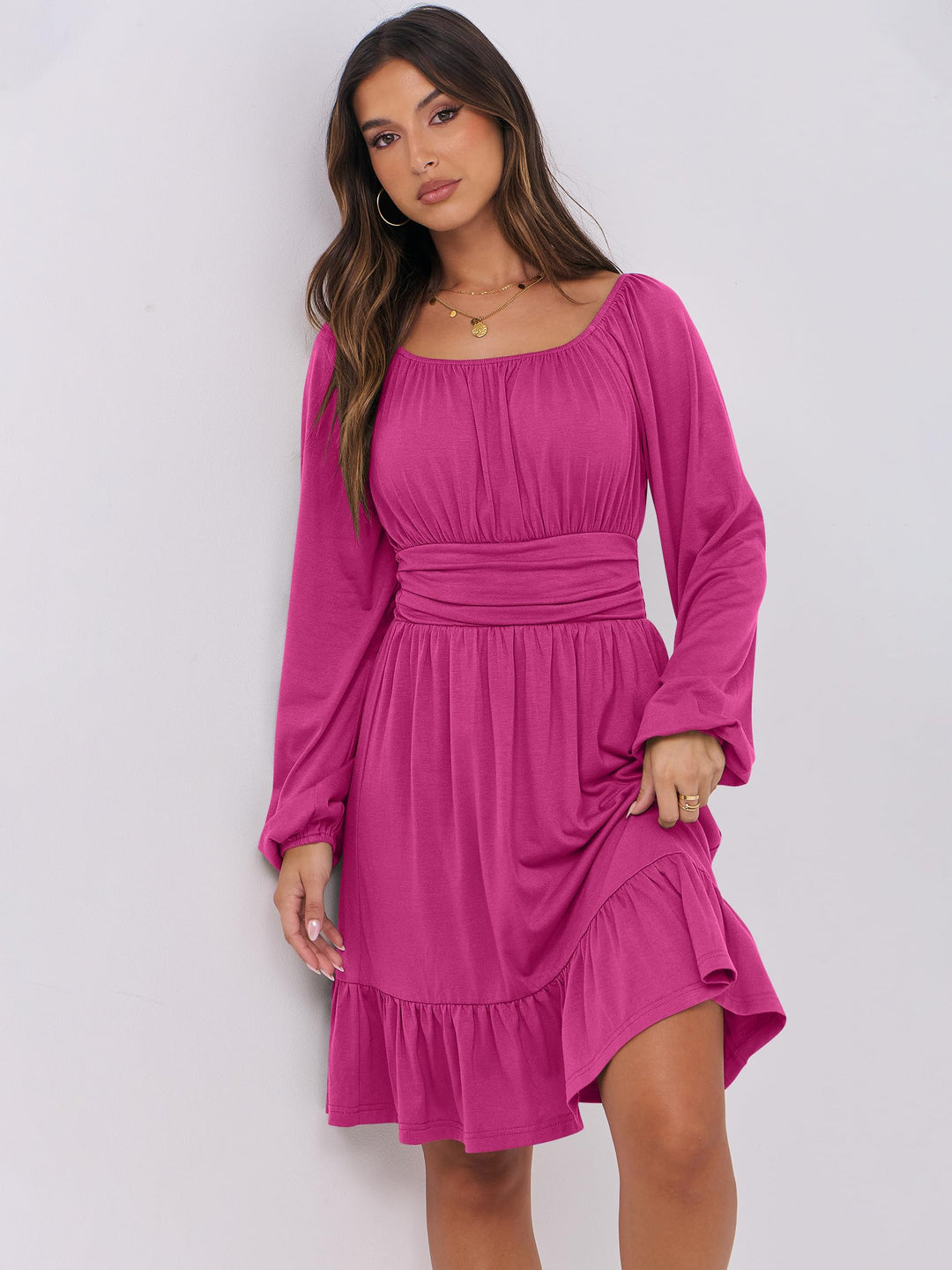 ANRABESS Womens Dress Long Lantern Sleeve Square Neck Elastic Waist Ruffle Flowy Swing A-Line Short Dresses 2026 Fall Fashion