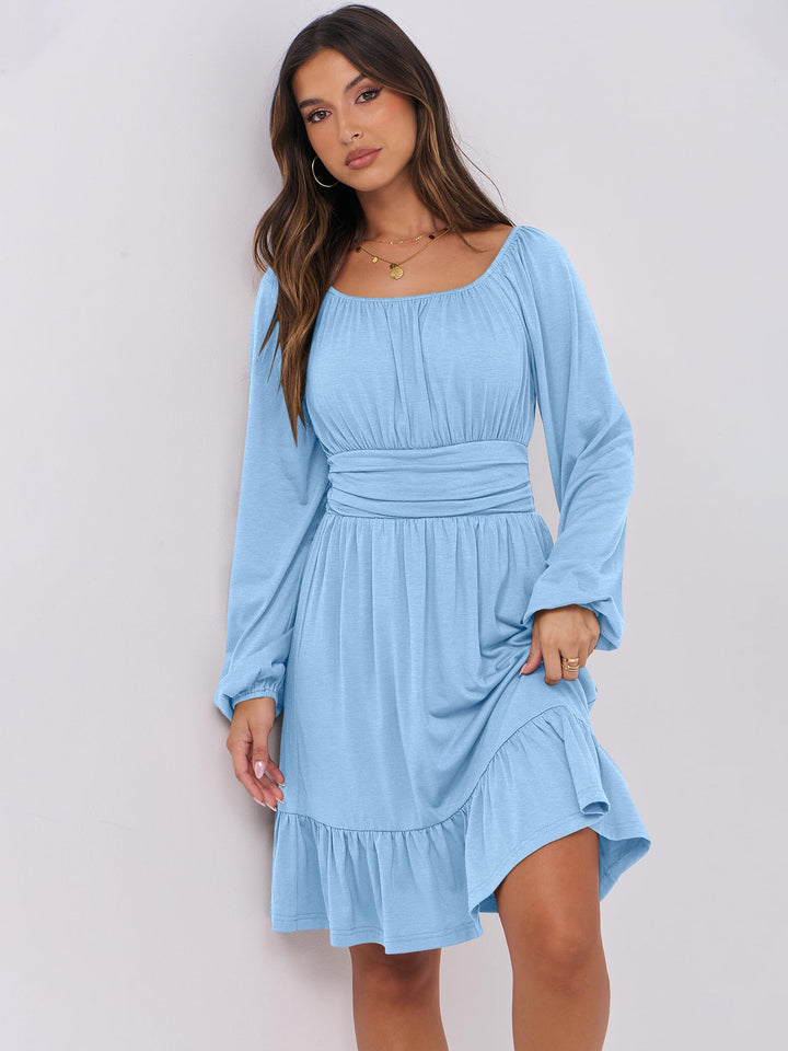 ANRABESS Womens Dress Long Lantern Sleeve Square Neck Elastic Waist Ruffle Flowy Swing A-Line Short Dresses 2026 Fall Fashion