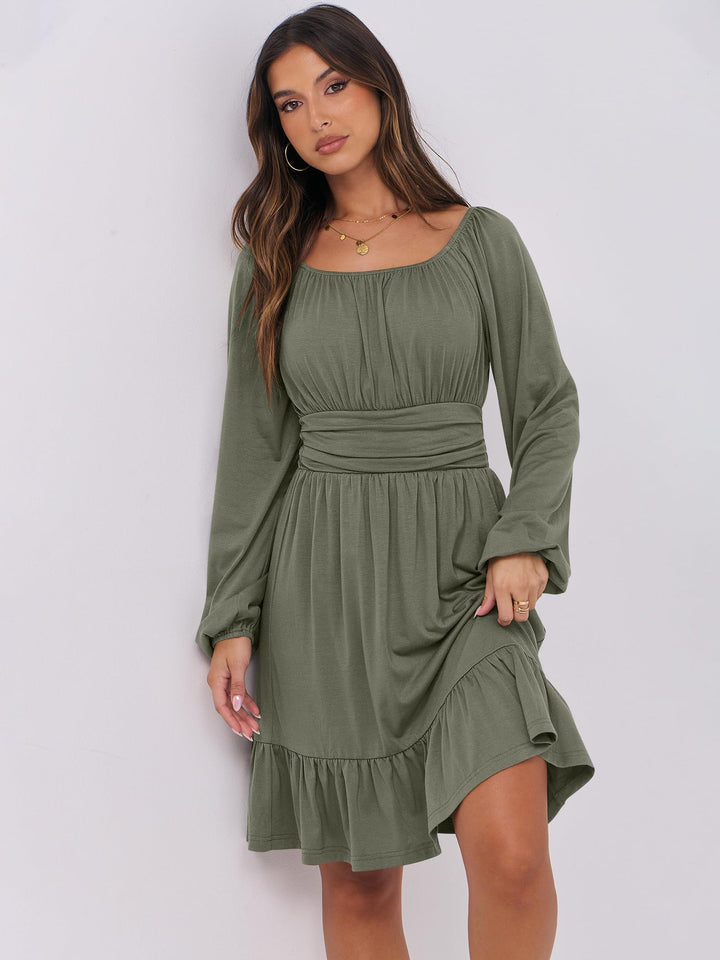 ANRABESS Womens Dress Long Lantern Sleeve Square Neck Elastic Waist Ruffle Flowy Swing A-Line Short Dresses 2026 Fall Fashion
