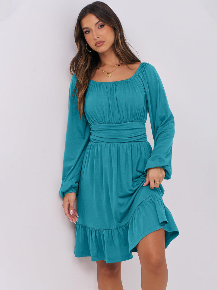 ANRABESS Womens Dress Long Lantern Sleeve Square Neck Elastic Waist Ruffle Flowy Swing A-Line Short Dresses 2026 Fall Fashion