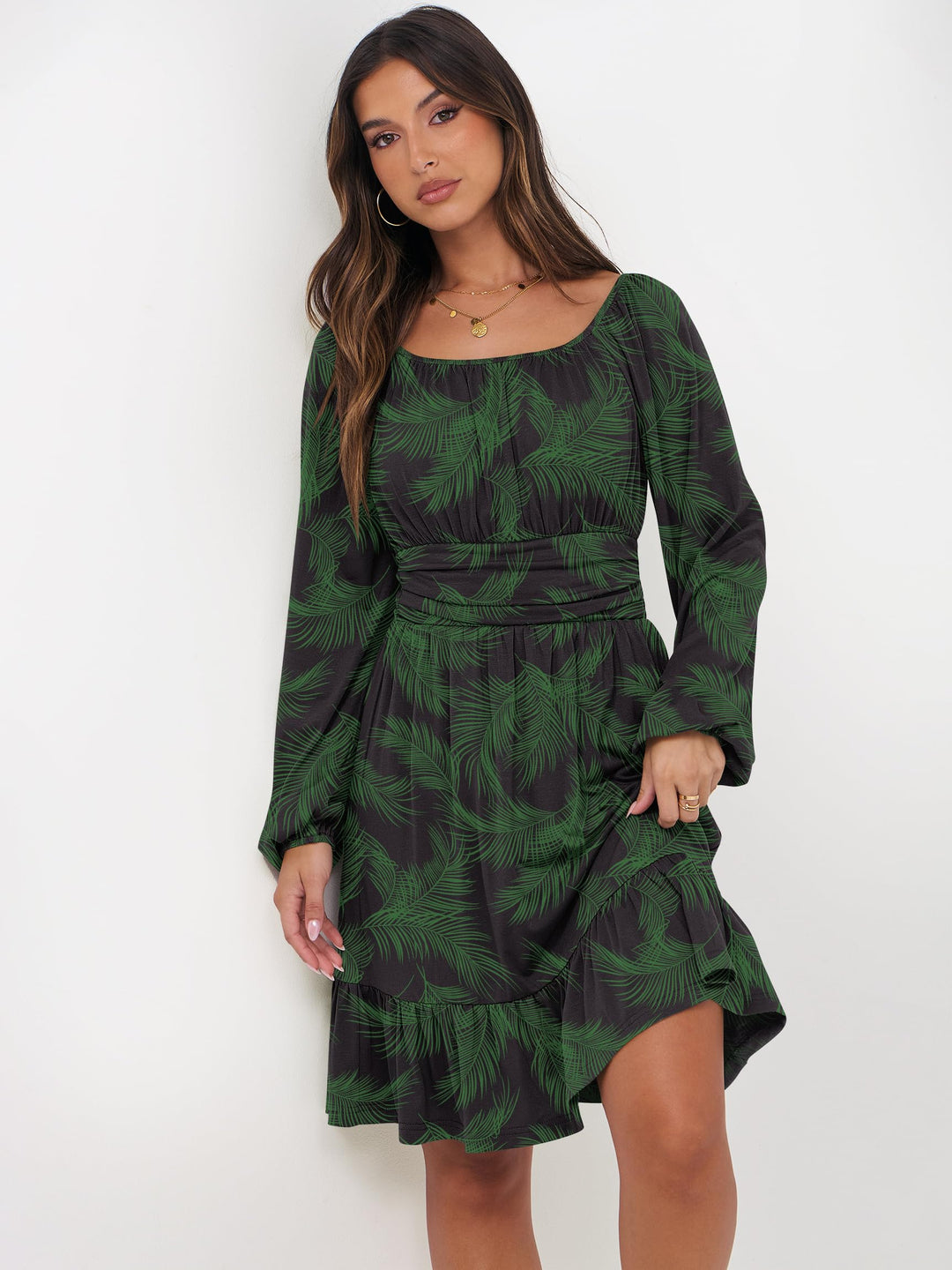 ANRABESS Womens Dress Long Lantern Sleeve Square Neck Elastic Waist Ruffle Flowy Swing A-Line Short Dresses 2026 Fall Fashion