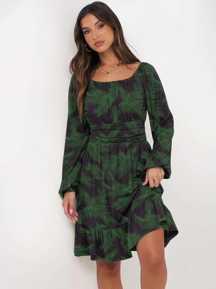 ANRABESS Womens Dress Long Lantern Sleeve Square Neck Elastic Waist Ruffle Flowy Swing A-Line Short Dresses 2026 Fall Fashion