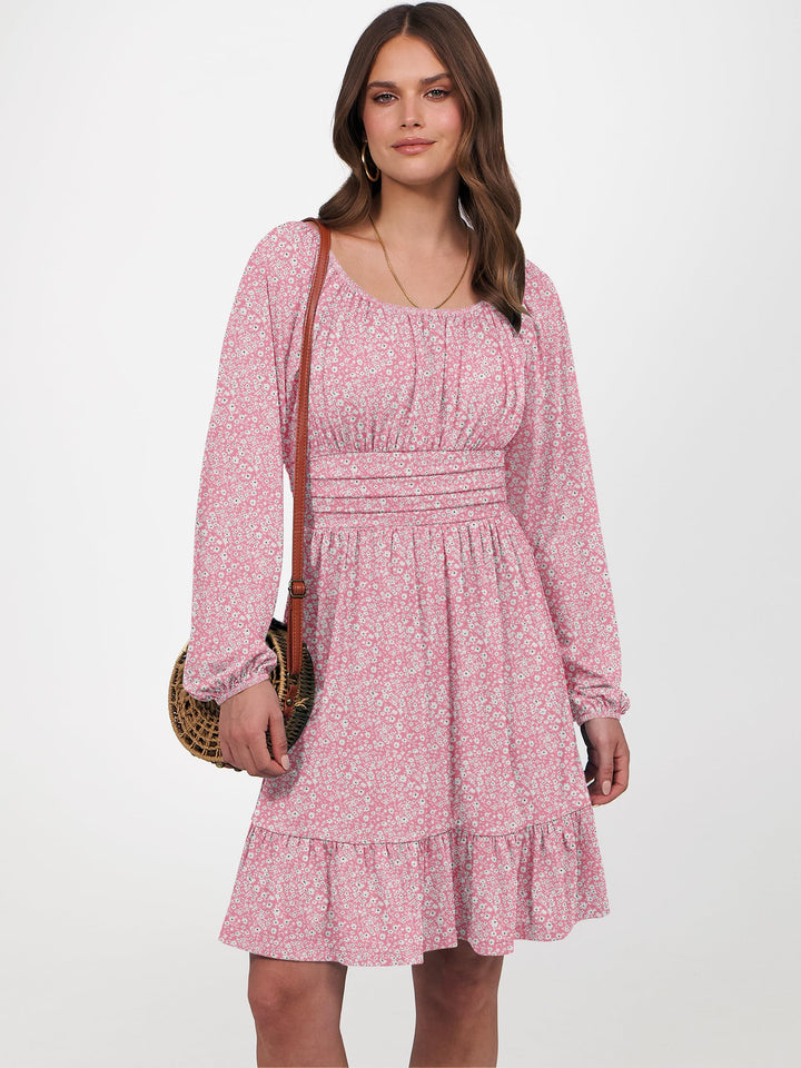 ANRABESS Womens Dress Long Lantern Sleeve Square Neck Elastic Waist Ruffle Flowy Swing A-Line Short Dresses 2026 Fall Fashion