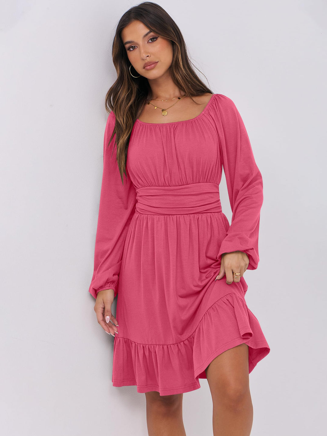 ANRABESS Womens Dress Long Lantern Sleeve Square Neck Elastic Waist Ruffle Flowy Swing A-Line Short Dresses 2026 Fall Fashion