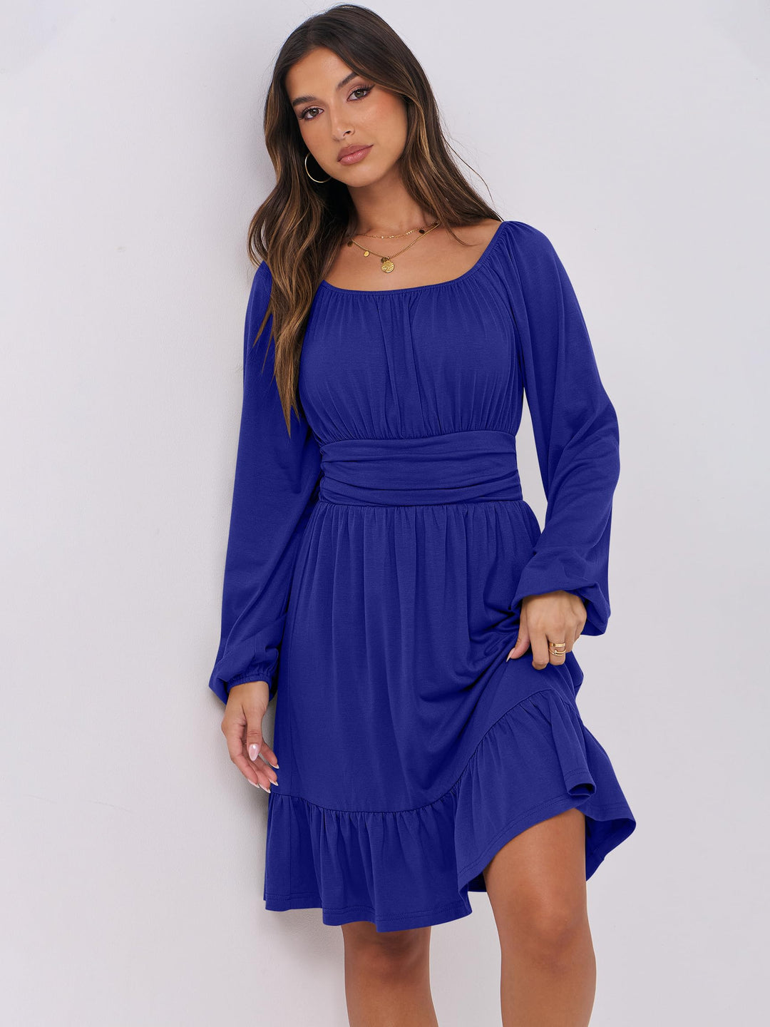 ANRABESS Womens Dress Long Lantern Sleeve Square Neck Elastic Waist Ruffle Flowy Swing A-Line Short Dresses 2026 Fall Fashion