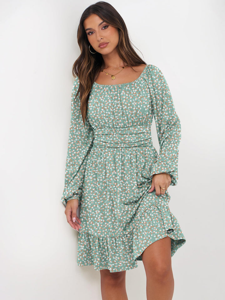 ANRABESS Womens Dress Long Lantern Sleeve Square Neck Elastic Waist Ruffle Flowy Swing A-Line Short Dresses 2026 Fall Fashion