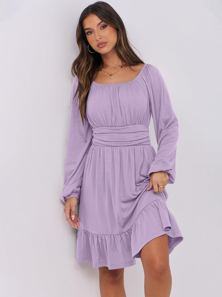 ANRABESS Womens Dress Long Lantern Sleeve Square Neck Elastic Waist Ruffle Flowy Swing A-Line Short Dresses 2026 Fall Fashion